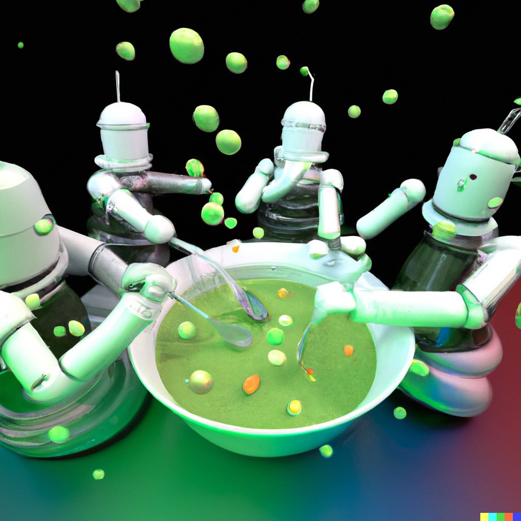 Title image: "Four androids eating pea soup from a giant circular bowl, and 3 more androids who have a stream of peas flying from their mouths into the soup." by OpenAI