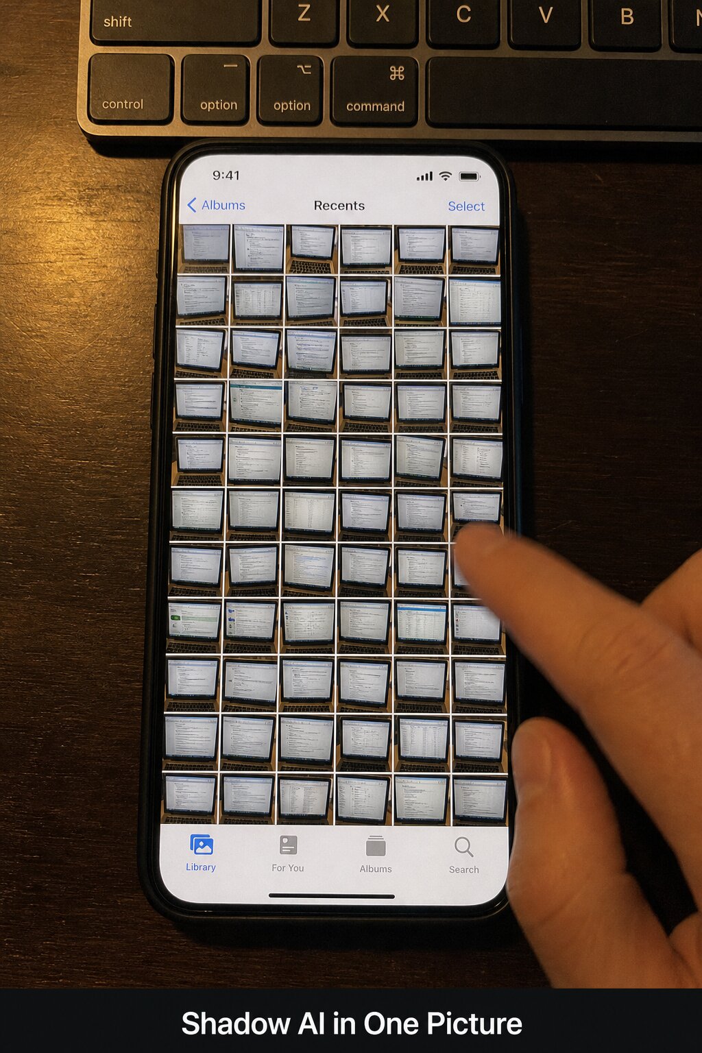 A phone full of photos of work laptop screens to feed AI chats